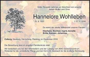 Anzeige von Hannelore Wohlleben von MGO