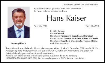 Anzeige von Hans Kaiser von MGO