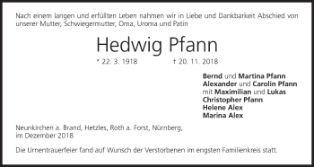 Anzeige von Hedwig Pfann von MGO