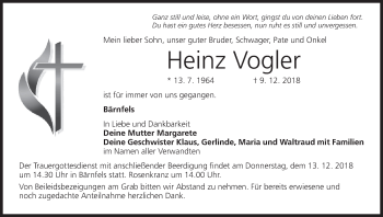 Anzeige von Heinz Vogler von MGO