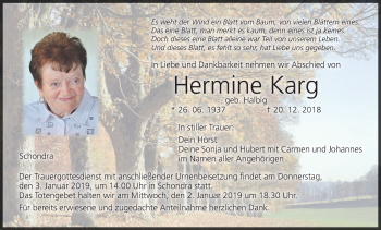 Anzeige von Hermine Karg von MGO