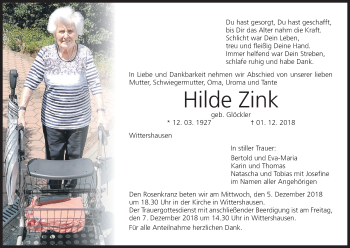 Anzeige von Hilde Zink von MGO