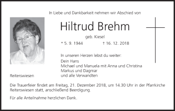 Anzeige von Hiltrud Brehm von MGO