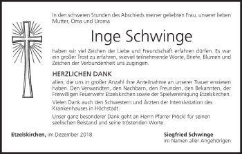 Anzeige von Inge Schwinge von MGO
