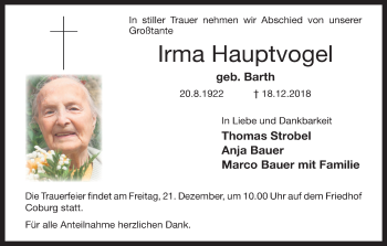 Anzeige von Irma Hauptvogel von MGO