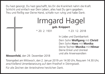 Anzeige von Irmgard Hagel von MGO