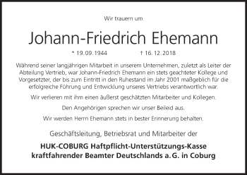 Anzeige von Johann-Friedrich Ehemann von MGO