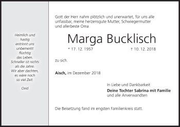 Anzeige von Marga Bucklisch von MGO