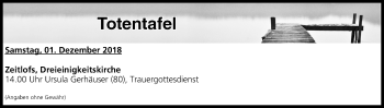 Anzeige von Totentafel vom 01.12.2018 von MGO
