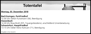 Anzeige von Totentafel vom 03.12.2018 von MGO