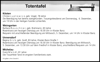 Anzeige von Totentafel vom 04.12.2018 von MGO
