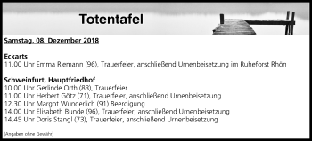 Anzeige von Totentafel vom 08.12.2018 von MGO