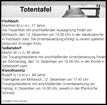 Anzeige von Totentafel vom 11.12.2018 von MGO