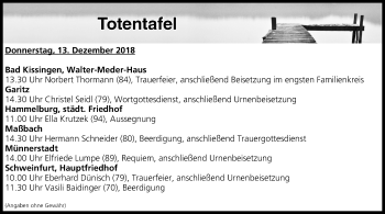 Anzeige von Totentafel vom 13.12.2018 von MGO