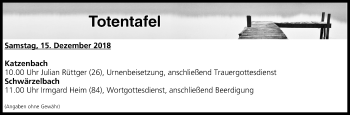 Anzeige von Totentafel vom 15.12.2018 von MGO