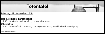 Anzeige von Totentafel vom 17.12.2018 von MGO