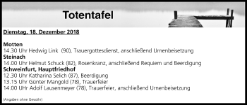 Anzeige von Totentafel vom 18.12.2018 von MGO