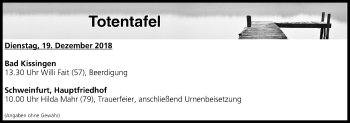 Anzeige von Totentafel vom 19.12.2018 von MGO