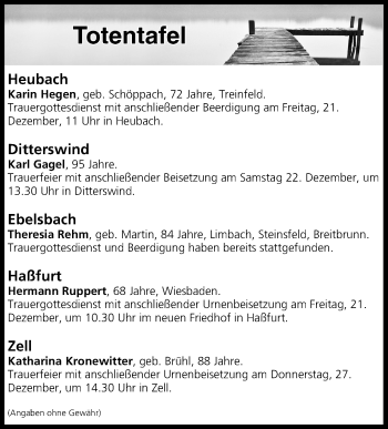 Anzeige von Totentafel vom 21.12.2018 von MGO