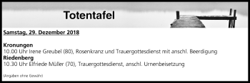 Anzeige von Totentafel vom 29.12.2018 von MGO