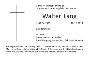 Anzeige von Walter Lang von MGO