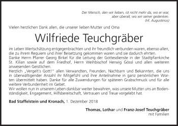 Anzeige von Wilfriede Teuchgräber von MGO