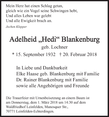 Anzeige von Adelheid Blankenburg von MGO
