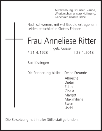 Anzeige von Anneliese Ritter von MGO