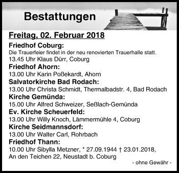 Anzeige von Bestattungen vom 02.02.2018 von MGO