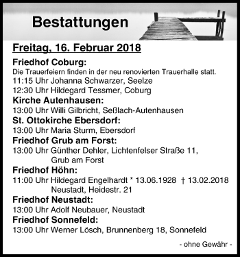 Anzeige von Bestattungen vom 16.02.2018 von MGO
