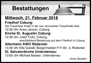 Anzeige von Bestattungen vom 21.02.2018 von MGO
