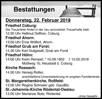 Anzeige von Bestattungen vom 22.02.2018 von MGO