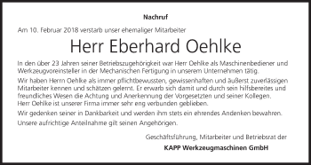 Anzeige von Eberhard Oehlke von MGO