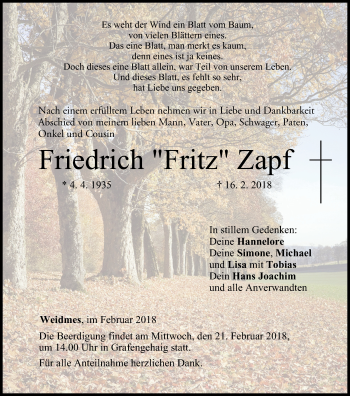 Anzeige von Friedrich Fritz Zapf von MGO