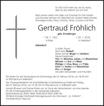 Anzeige von Gertraud Fröhlich von MGO