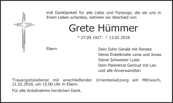 Anzeige von Grete Hümmer von MGO