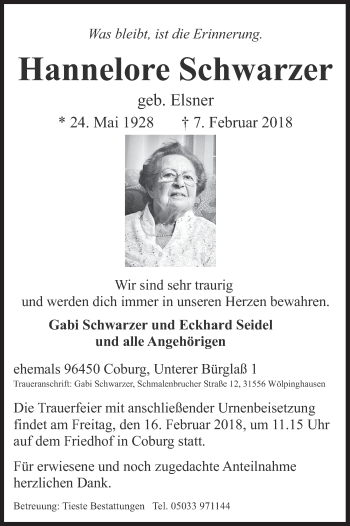Anzeige von Hannelore Schwarzer von MGO