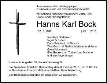 Anzeige von Hanns Karl Bock von MGO
