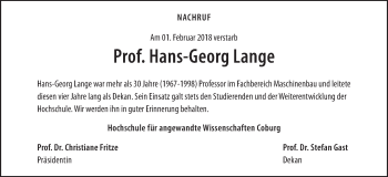 Anzeige von Hans-Georg Lange von MGO
