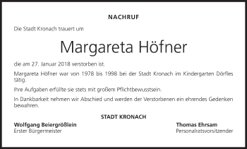 Anzeige von Margareta Höfner von MGO