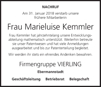 Anzeige von Marieluise Kemmler von MGO
