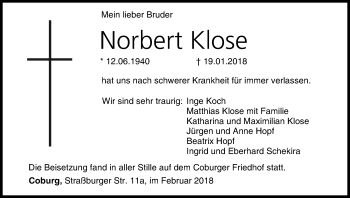 Anzeige von Norbert Klose von MGO