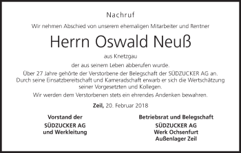 Anzeige von Oswald Neuß von MGO