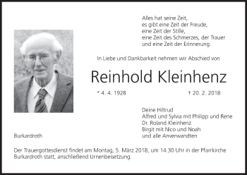 Anzeige von Reinhold Kleinhenz von MGO