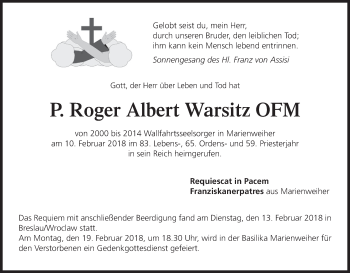 Anzeige von Roger Albert Warsitz von MGO
