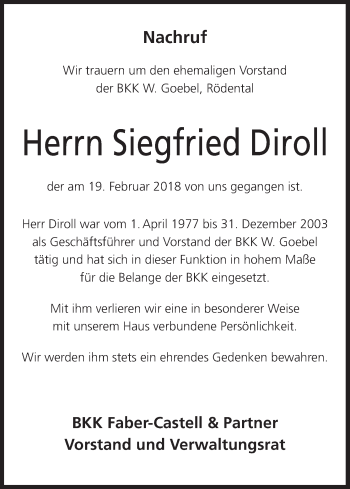 Anzeige von Siegfried Diroll von MGO