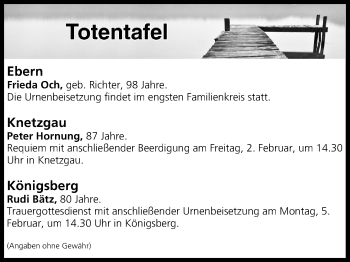 Anzeige von Totentafel vom 01.02.2018 von MGO