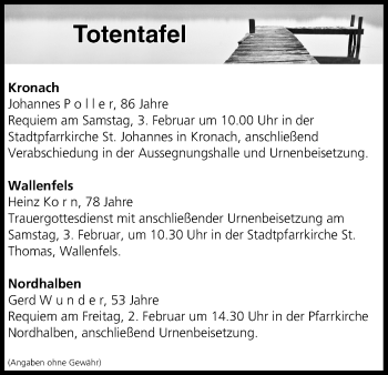 Anzeige von Totentafel vom 01.02.2018 von MGO
