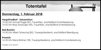 Anzeige von Totentafel vom 01.02.2018 von MGO