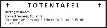 Anzeige von Totentafel vom 01.02.2018 von MGO